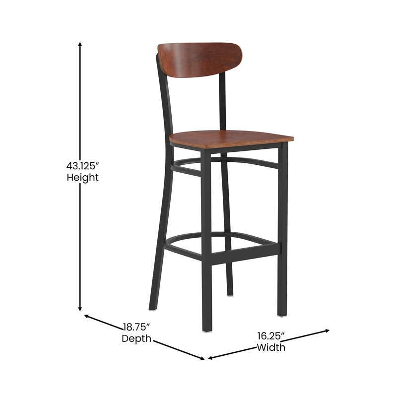 Commercial Metal Barstool with Wood Seat and Boomerang Back-Walnut Finish