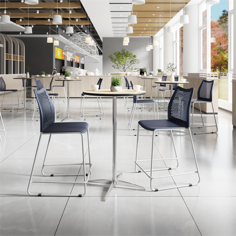 Stackable Sled Base Counter Stool with Vented Back and Footrest in Navy