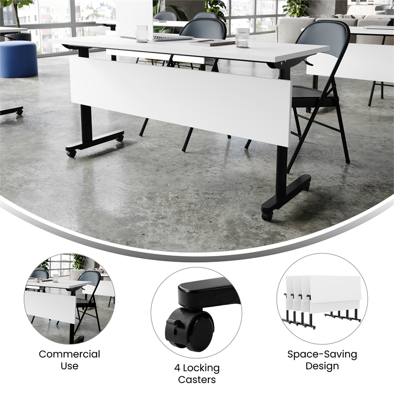 Commercial Nesting Flip Training Table with Steel Frame and T-Legs in White/Blk