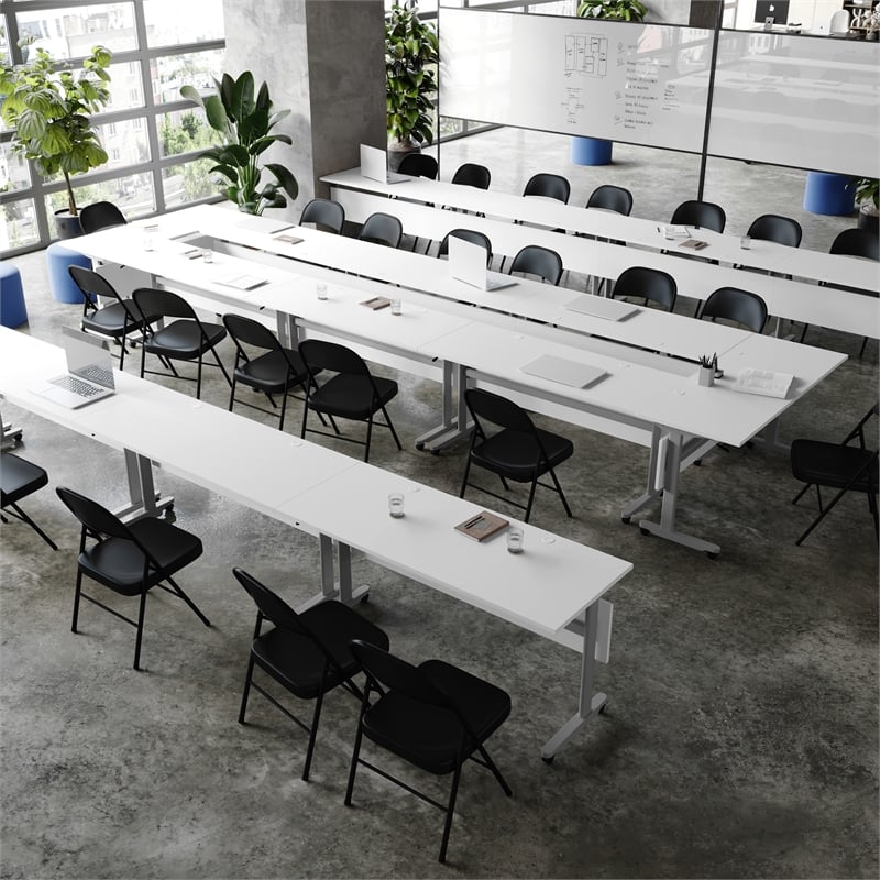 Commercial Nesting Flip Training Table with Steel Frame and T-Legs in White/Gray