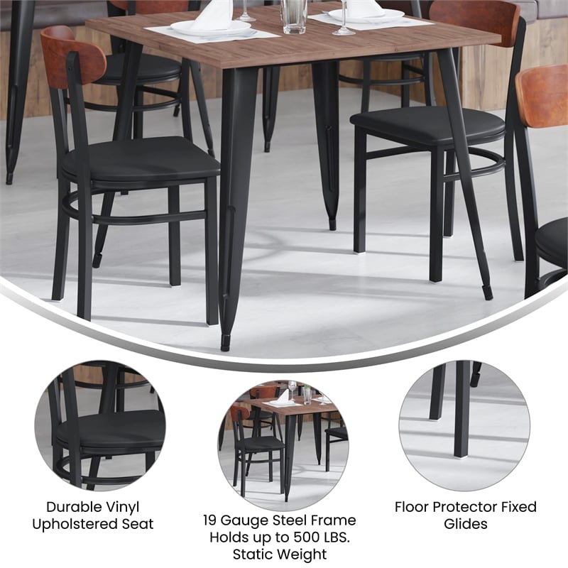 Commercial Metal Dining Chair - Vinyl Seat - Wood Boomerang Back-Black/Walnut
