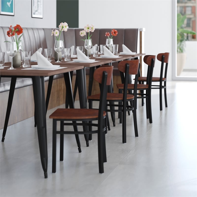 Commercial Metal Dining Chair with Wood Seat and Boomerang Back - Walnut