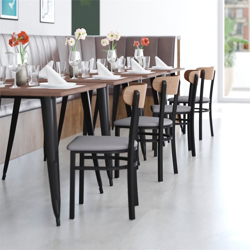 Commercial Metal Dining Chair - Vinyl Seat and Wood Boomerang Back-Gray/Natural