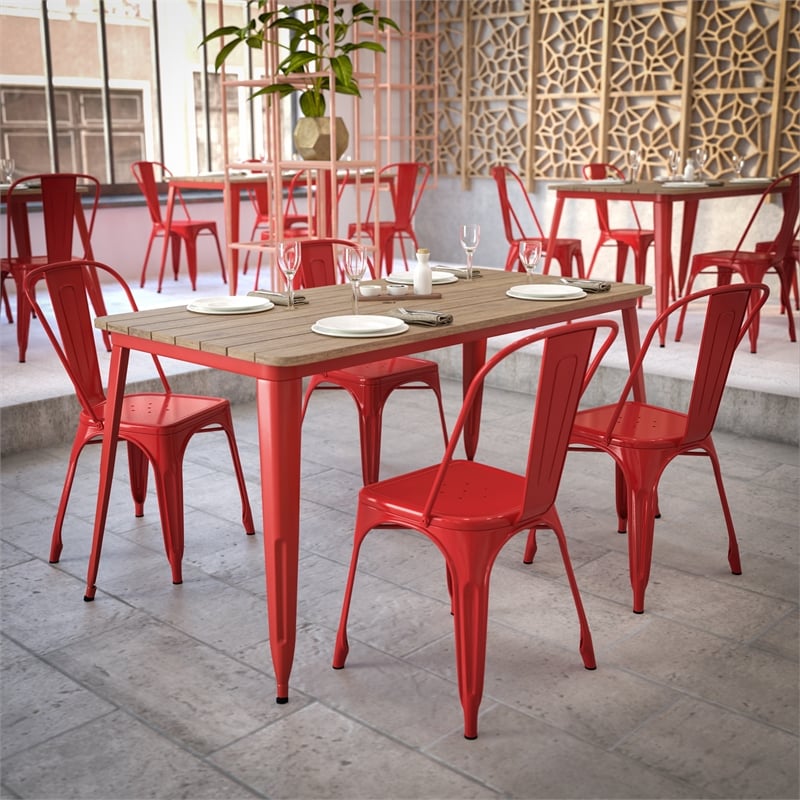 30x60 Commercial Poly Resin Restaurant Table with Umbrella Hole - Brown/Red