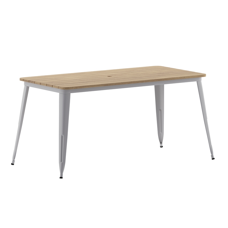 30x60 Commercial Poly Resin Restaurant Table with Umbrella Hole - Brown/Silver