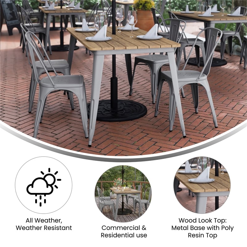30x60 Commercial Poly Resin Restaurant Table with Umbrella Hole - Brown/Silver