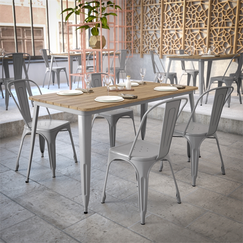 30x60 Commercial Poly Resin Restaurant Table with Umbrella Hole - Brown/Silver