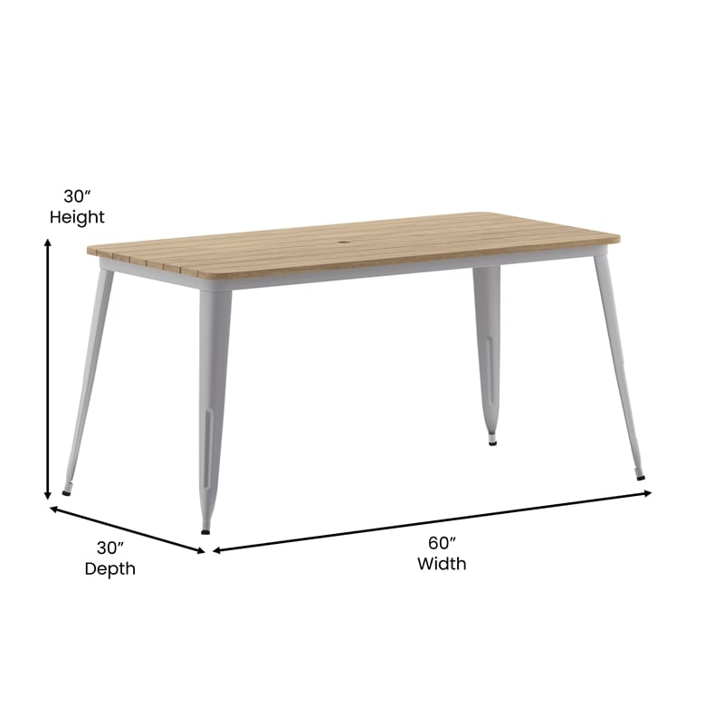 30x60 Commercial Poly Resin Restaurant Table with Umbrella Hole - Brown/Silver