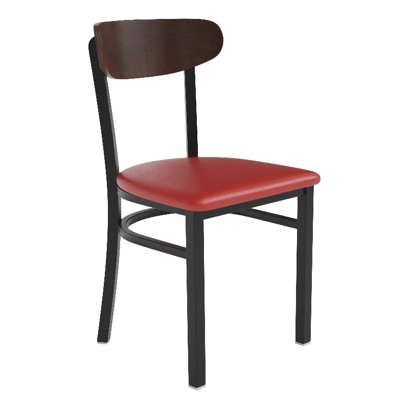 Commercial Metal Dining Chair with Vinyl Seat and Wood Boomerang Back-Red/Walnut