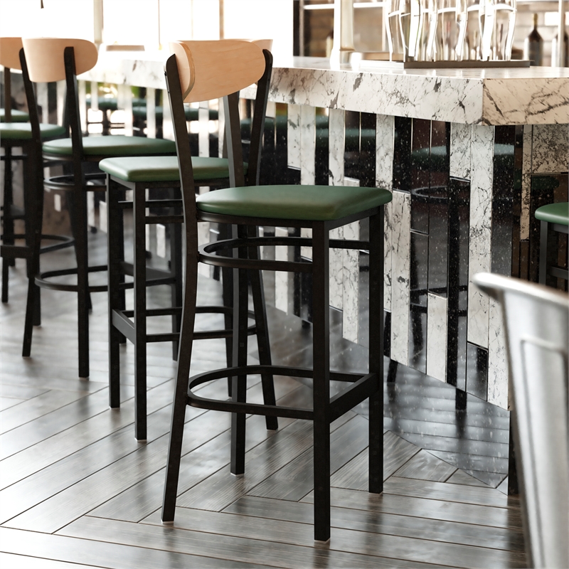 Commercial Metal Barstool with Vinyl Seat and Wood Boomerang Back-Green/Natural