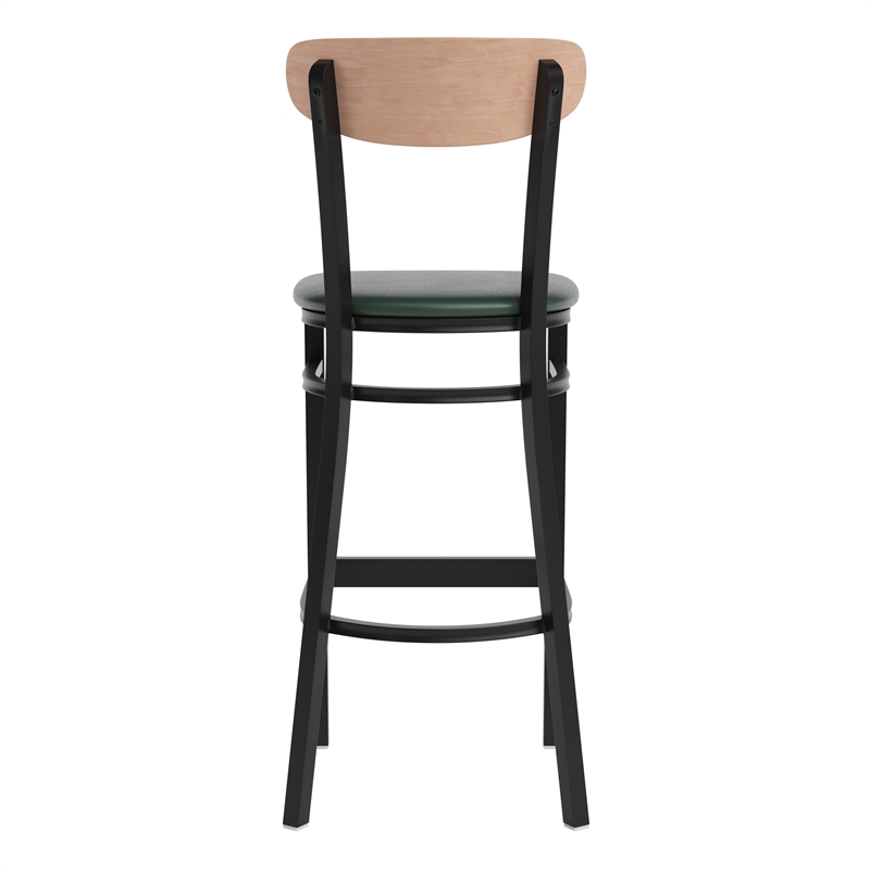 Commercial Metal Barstool with Vinyl Seat and Wood Boomerang Back-Green/Natural