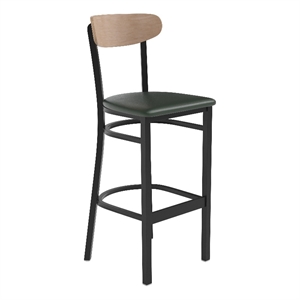Commercial Metal Barstool with Vinyl Seat and Wood Boomerang Back-Green/Natural