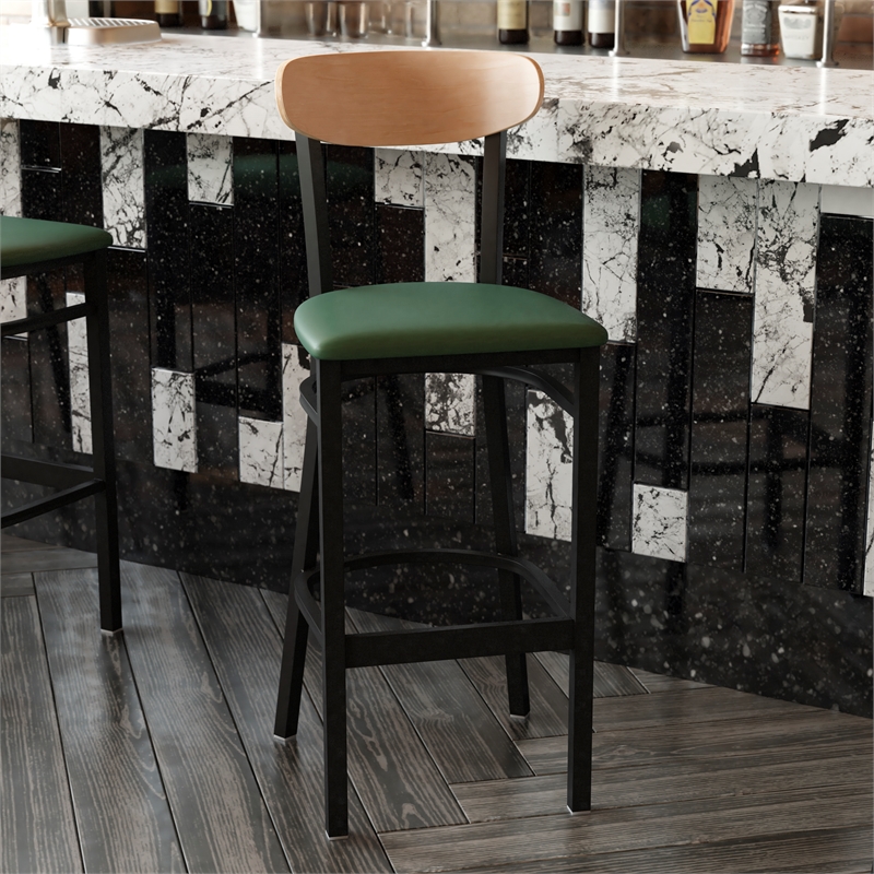 Commercial Metal Barstool with Vinyl Seat and Wood Boomerang Back-Green/Natural