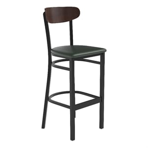 Commercial Metal Barstool with Vinyl Seat and Wood Boomerang Back-Green/Walnut