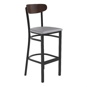 Commercial Metal Barstool with Vinyl Seat and Wood Boomerang Back-Gray/Walnut