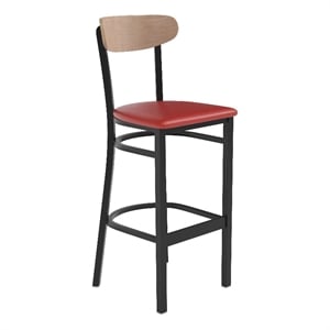 Commercial Metal Barstool with Vinyl Seat and Wood Boomerang Back-Red/Natural