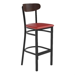 Commercial Metal Barstool with Vinyl Seat and Wood Boomerang Back-Red/Walnut