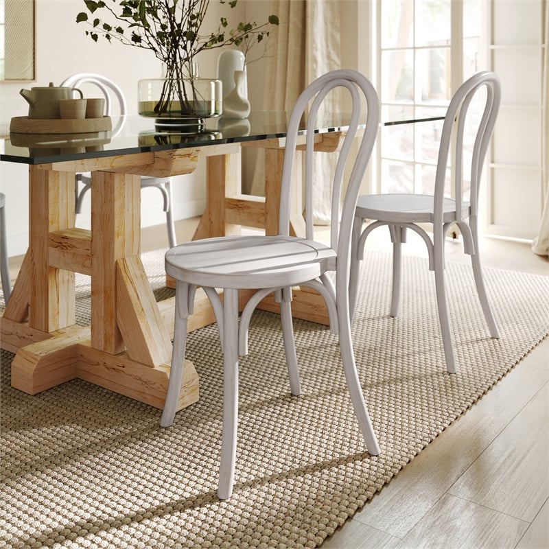 Thonet Solid Wood Stackable Dining Chair with Fixed Floor Glides in White Wash