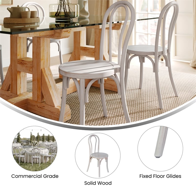 Thonet Solid Wood Stackable Dining Chair with Fixed Floor Glides in White Wash