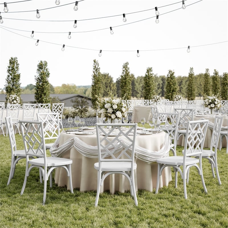 Commercial Solid Wood Stackable Dining Chair with Intricate Back Detail in White