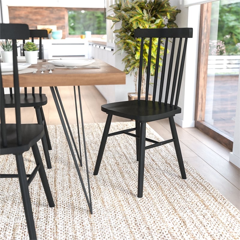 Windsor Style Commercial Solid Wood Spindle Back Dining Chairs in Black-Set of 2