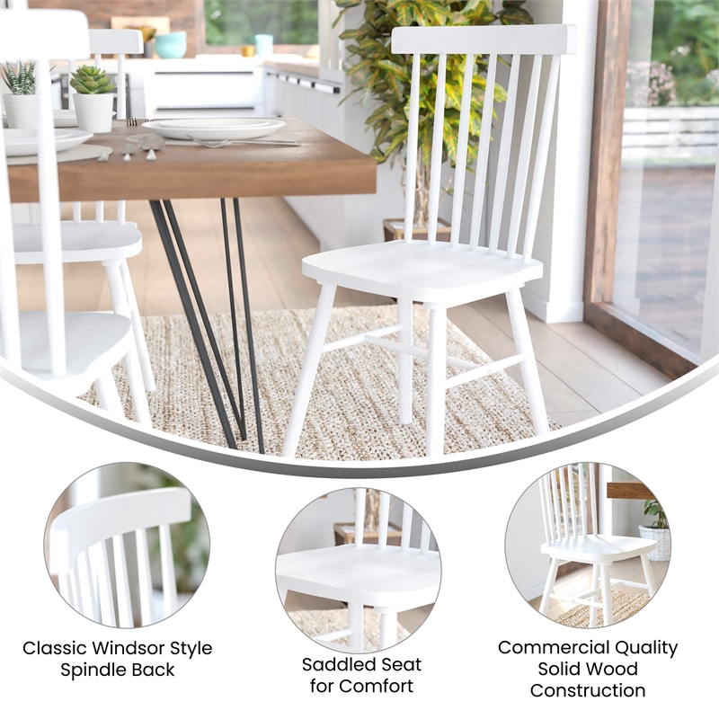 Windsor Style Commercial Solid Wood Spindle Back Dining Chairs in White-Set of 2