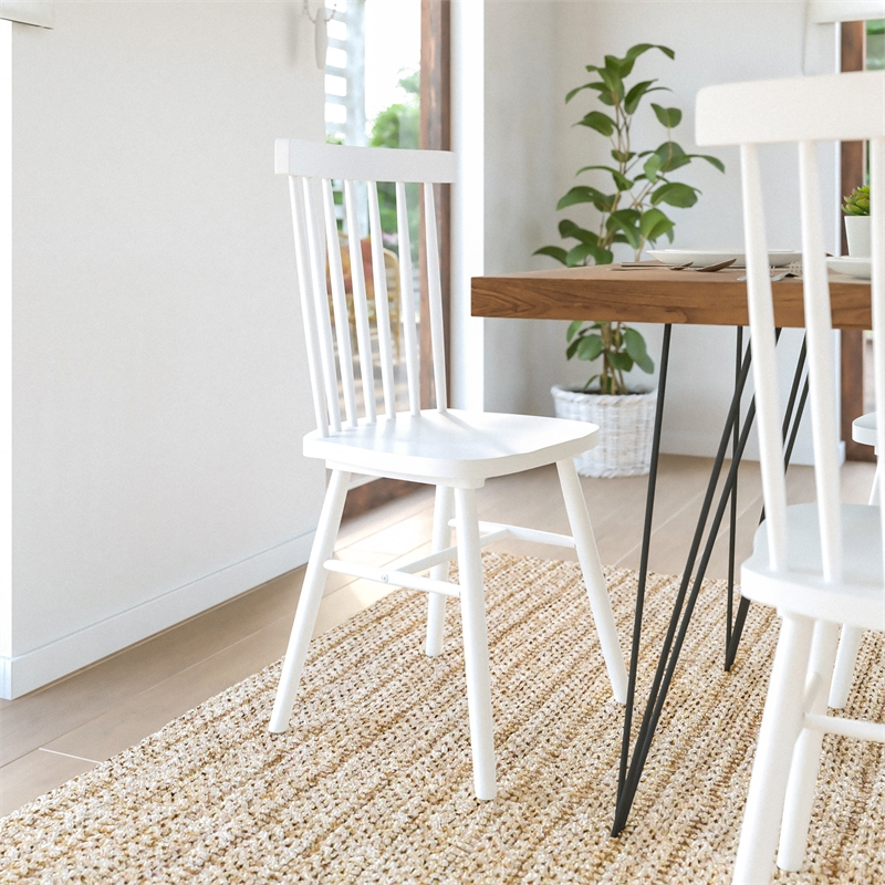 Windsor Style Commercial Solid Wood Spindle Back Dining Chairs in White-Set of 2