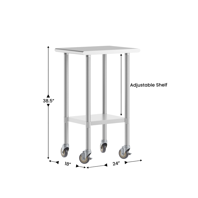 Commercial Stainless Steel 18 Gauge Work Table with Undershelf and Casters-24x18