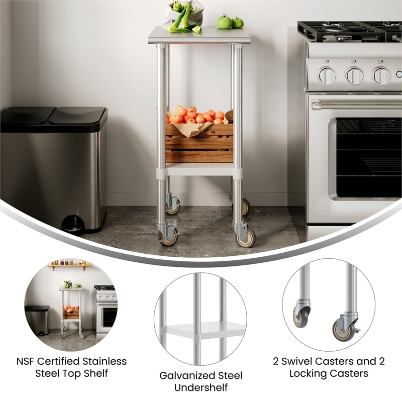 Commercial Stainless Steel 18 Gauge Work Table with Undershelf and Casters-24x18