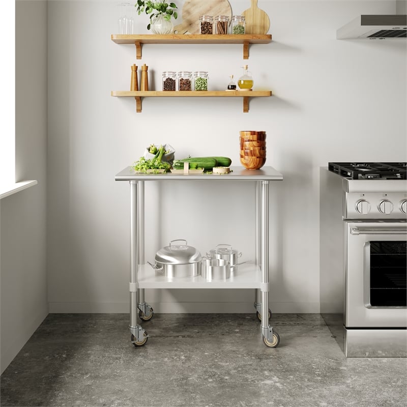 Commercial Stainless Steel 18 Gauge Work Table with Undershelf and Casters-24x36