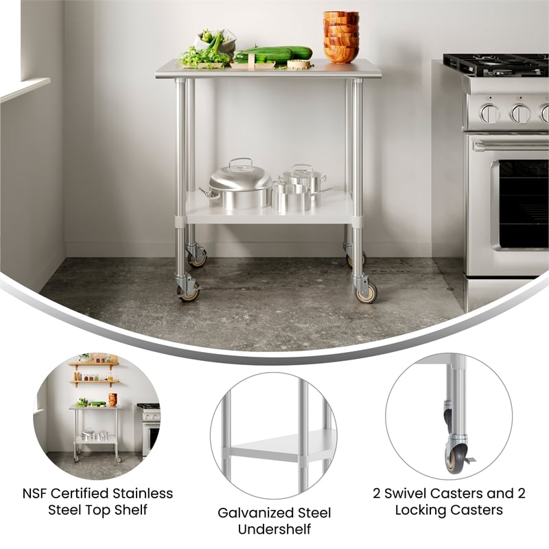 Commercial Stainless Steel 18 Gauge Work Table with Undershelf and Casters-24x36