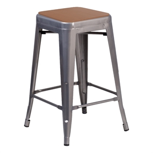 Indoor Counter Stool with Poly Resin Colorful Seat-Silver AQ Clear Coat/Teak