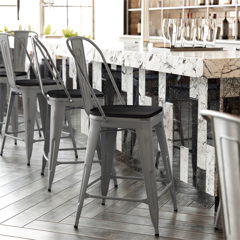 Indoor Counter Stool with Poly Resin Colorful Seat-Silver AQ Clear Coat/Black