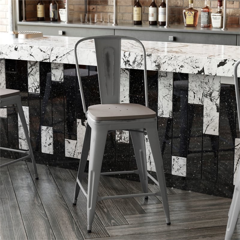 Indoor Counter Stool with Poly Resin Colorful Seat-Silver AQ Clear Coat/Gray