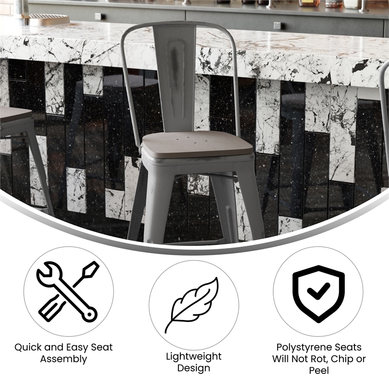 Indoor Counter Stool with Poly Resin Colorful Seat-Silver AQ Clear Coat/Gray