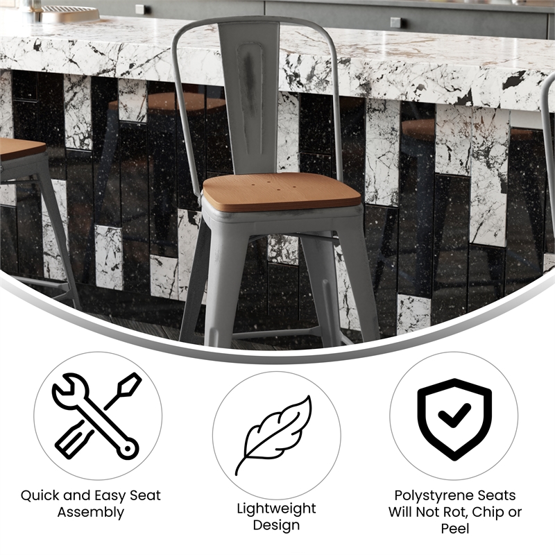 Indoor Counter Stool with Poly Resin Colorful Seat-Silver AQ Clear Coat/Teak