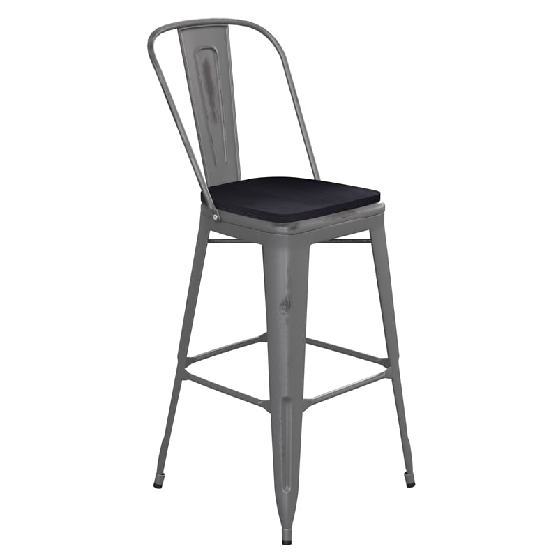 Indoor Bar Stool with Poly Resin Colorful Seat-Silver Antique Clear Coat/Black