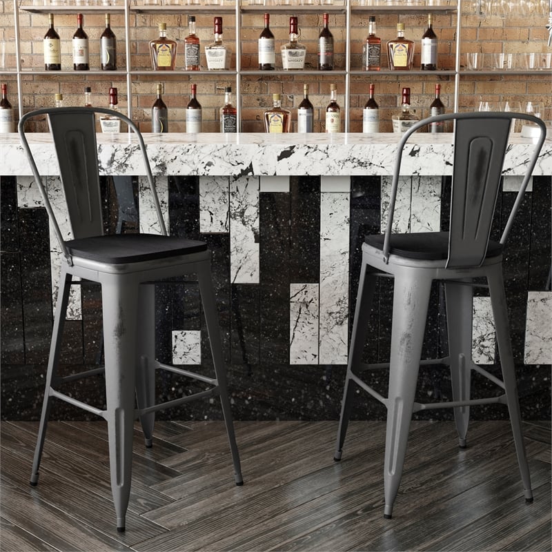 Indoor Bar Stool with Poly Resin Colorful Seat-Silver Antique Clear Coat/Black