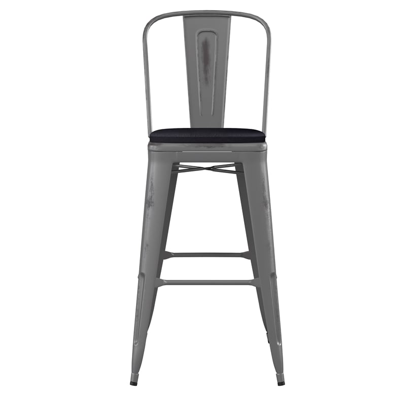 Indoor Bar Stool with Poly Resin Colorful Seat-Silver Antique Clear Coat/Black
