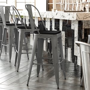 Indoor Bar Stool with Poly Resin Colorful Seat-Silver Antique Clear Coat/Black