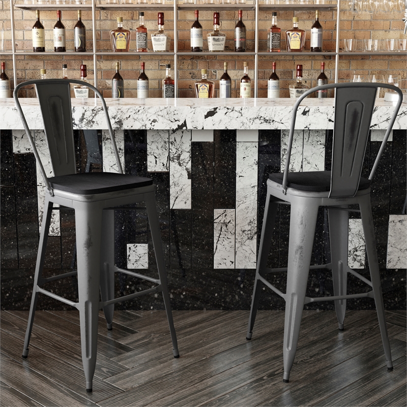 Indoor Bar Stool with Poly Resin Colorful Seat-Silver Antique Clear Coat/Black