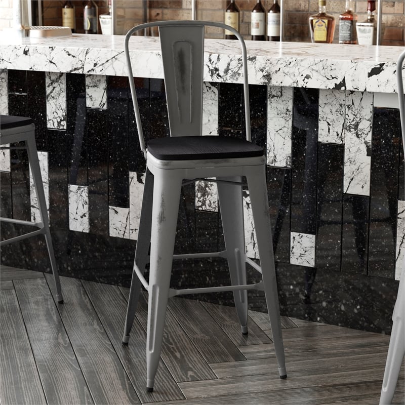 Indoor Bar Stool with Poly Resin Colorful Seat-Silver Antique Clear Coat/Black