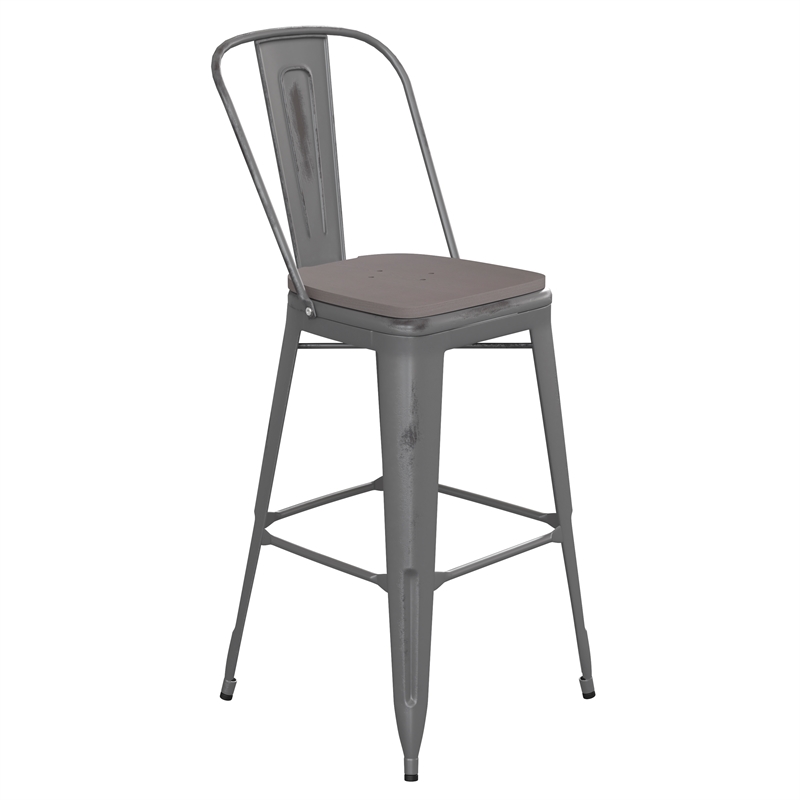Indoor Bar Stool with Poly Resin Colorful Seat-Silver Antique Clear Coat/Gray