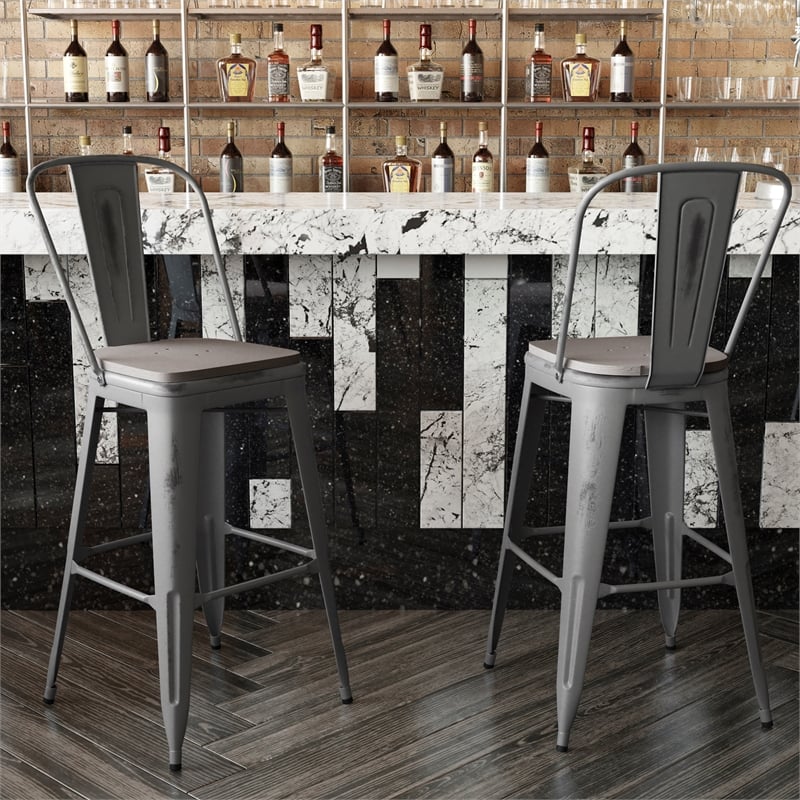 Indoor Bar Stool with Poly Resin Colorful Seat-Silver Antique Clear Coat/Gray