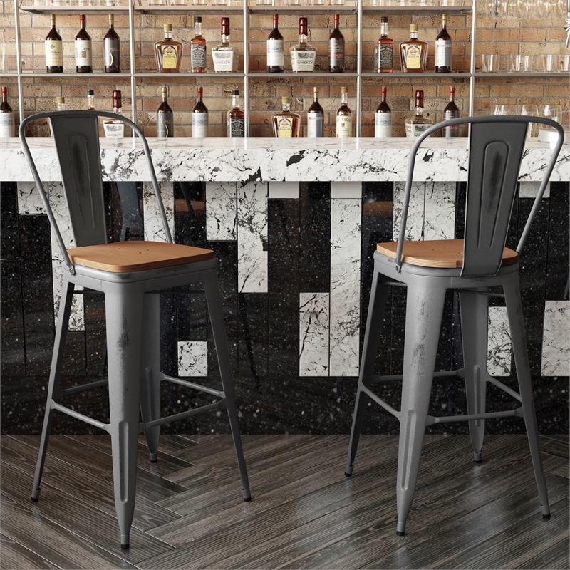 Indoor Bar Stool with Poly Resin Colorful Seat-Silver Antique Clear Coat/Teak