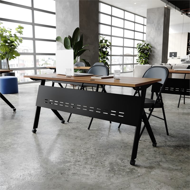 Commercial Nesting Flip Training Table with Steel Frame and Y-Legs in Walnut/Blk