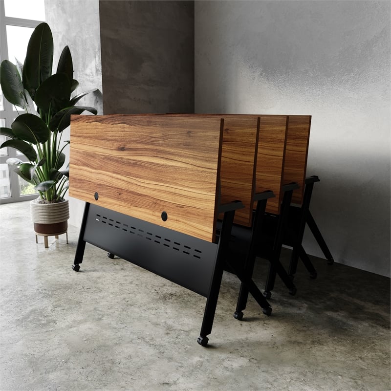 Commercial Nesting Flip Training Table with Steel Frame and Y-Legs in Walnut/Blk