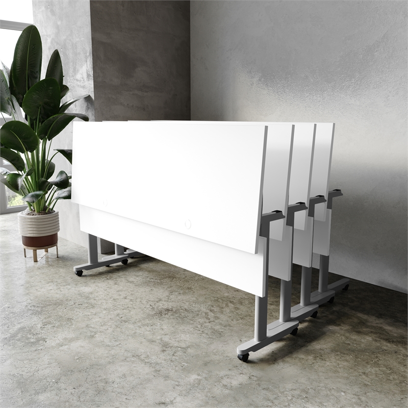 Commercial Nesting Flip Training Table with Steel Frame and T-Legs in White/Gray