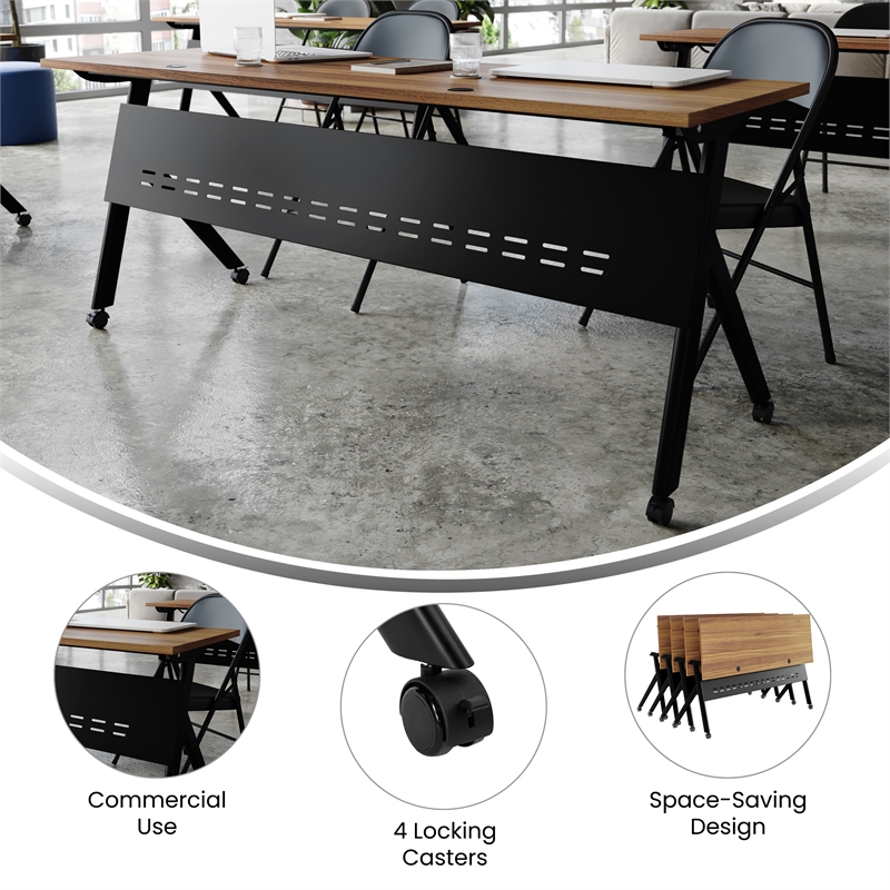 Commercial Nesting Flip Training Table with Steel Frame and Y-Legs in Walnut/Blk