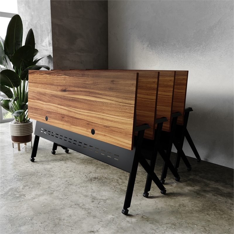 Commercial Nesting Flip Training Table with Steel Frame and Y-Legs in Walnut/Blk